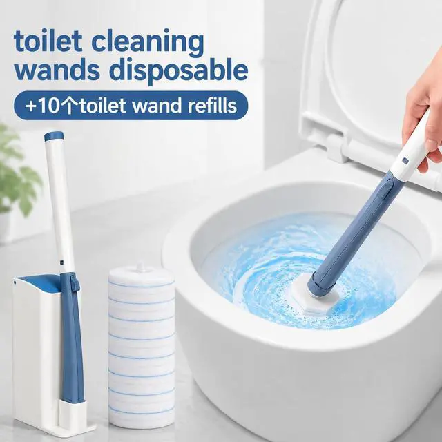 Alt view image 4 of 6 - Disposable Toilet Brush Starter Set with 10 Replacement Pads, Touchless Toilet Cleaning System, Compatible with Clorox Toilet Wand Refills for Bathroom Toilets
