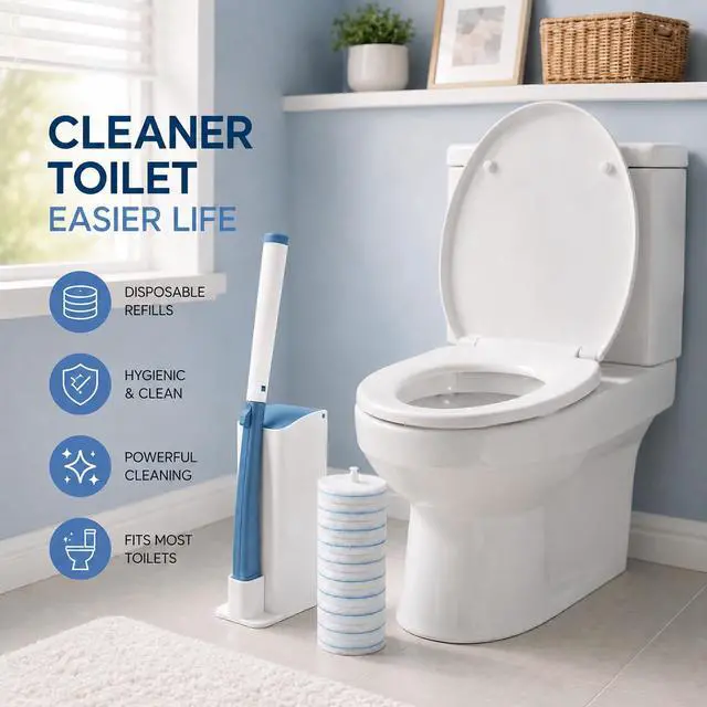 Alt view image 3 of 6 - Disposable Toilet Brush Starter Set with 10 Replacement Pads, Touchless Toilet Cleaning System, Compatible with Clorox Toilet Wand Refills for Bathroom Toilets