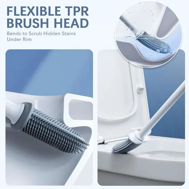 Alt view image 3 of 7 - Dual-Sided RV Silicone Toilet Brush with TPR Bristles & Detachable ABS Handle Set, Wall Mountable Toilet Bowl Brush,Flexible Cleaners Brushes for 360°Deep Cleaning Bathroom/Camper (Black)