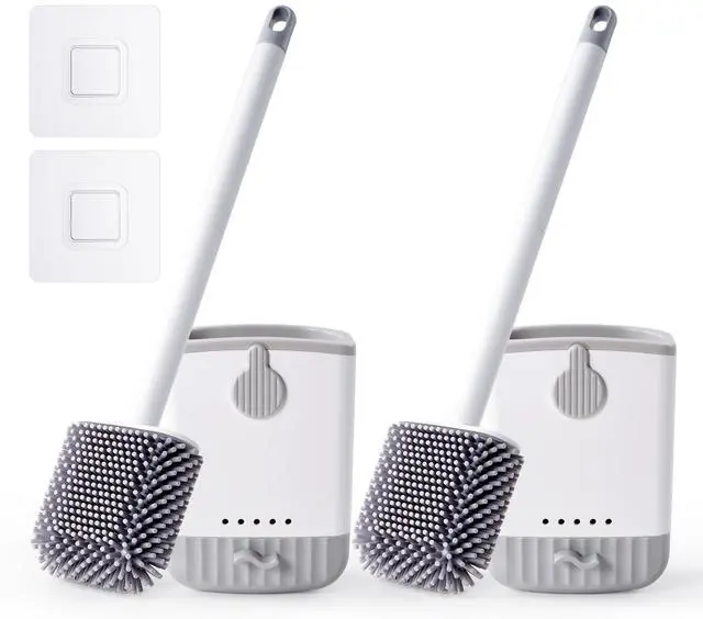 Main image of Silicone Toilet Bowl Brush with Holder, 2 Pack, White | Ventilated Holder, Floor Standing & Wall Mounted, Toilet Cleaner Brush for RV Travel, Camper, Family Bathroom
