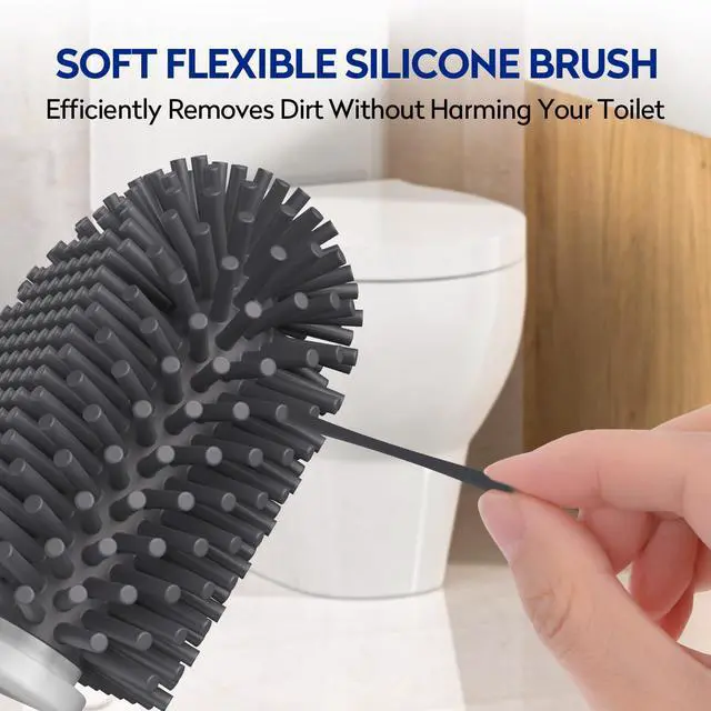 Alt view image 3 of 6 - Toilet Bowl Cleaning Set - Silicone Brush with Holder, Deep Cleaning Scrubber - Light Gray