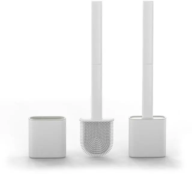 Main image of Silicone Toilet Brushes & Holders Pack of 2 Long Non-Slip Handle, Flexible Bristles for Easy Cleaning Modern Drip-Free Base, Durable White Bathroom Toilet Brush Set with Holder