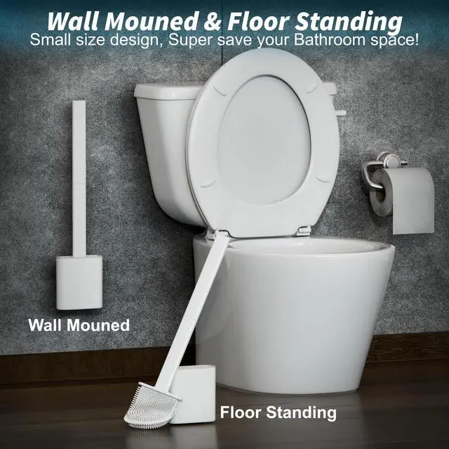 Alt view image 7 of 7 - Silicone Toilet Brushes & Holders Pack of 2 Long Non-Slip Handle, Flexible Bristles for Easy Cleaning Modern Drip-Free Base, Durable White Bathroom Toilet Brush Set with Holder