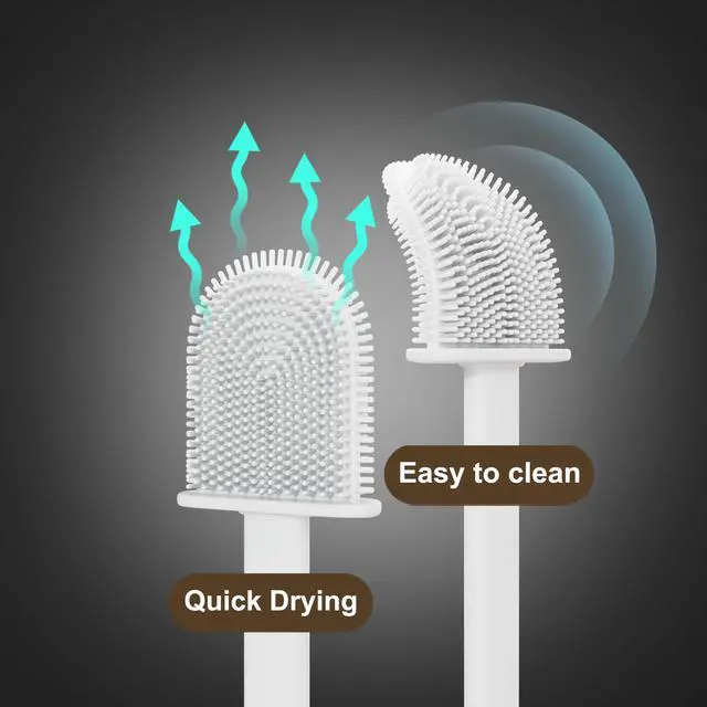 Alt view image 5 of 7 - Silicone Toilet Brushes & Holders Pack of 2 Long Non-Slip Handle, Flexible Bristles for Easy Cleaning Modern Drip-Free Base, Durable White Bathroom Toilet Brush Set with Holder