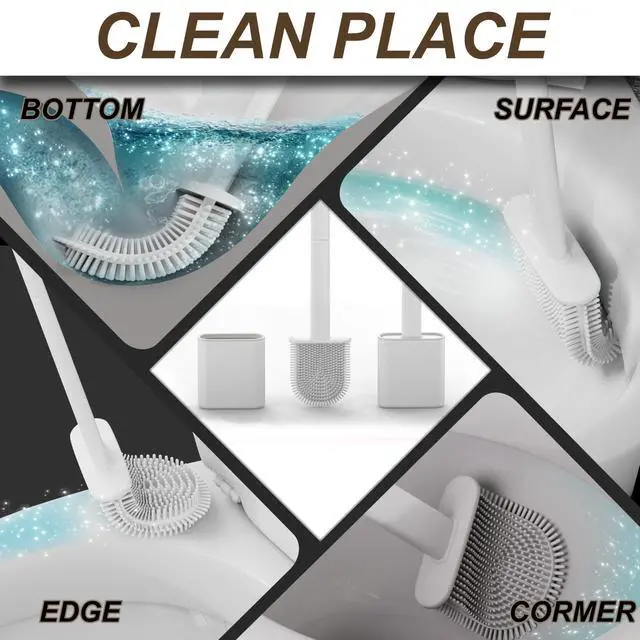 Alt view image 6 of 7 - Silicone Toilet Brushes & Holders Pack of 2 Long Non-Slip Handle, Flexible Bristles for Easy Cleaning Modern Drip-Free Base, Durable White Bathroom Toilet Brush Set with Holder