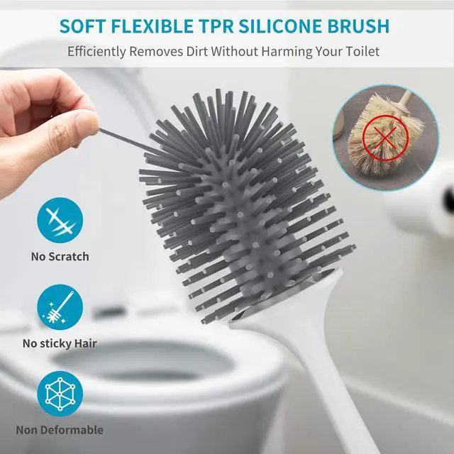 Alt view image 4 of 7 - Silicone Toilet Brush and Holder Set, Toilet Bowl Brush with Tweezers Long Handle, Toilet Cleaner Brush for Bathroom Deep Cleaning, Elegant Toilet Scrubber Bathroom Accessories (Dark Gray)