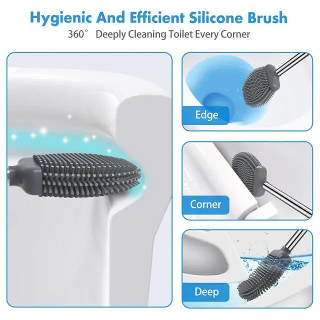 Alt view image 2 of 7 - Silicone Toilet Brush and Holder, Flexible Bowl Brush Head with Ventilated Holder, Wall Mounted Compact Set for Bathroom Cleaning