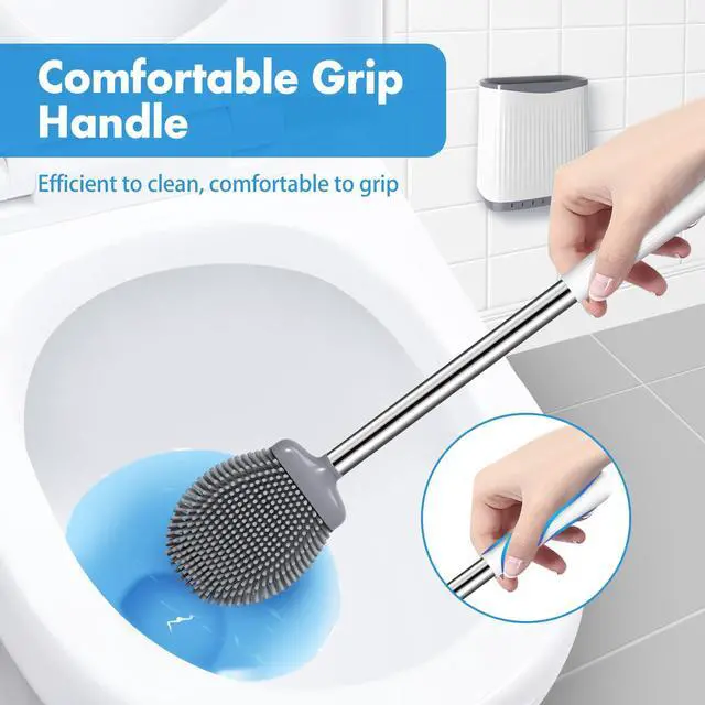 Alt view image 3 of 7 - Silicone Toilet Brush and Holder, Flexible Bowl Brush Head with Ventilated Holder, Wall Mounted Compact Set for Bathroom Cleaning