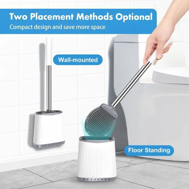 Alt view image 5 of 7 - Silicone Toilet Brush and Holder, Flexible Bowl Brush Head with Ventilated Holder, Wall Mounted Compact Set for Bathroom Cleaning