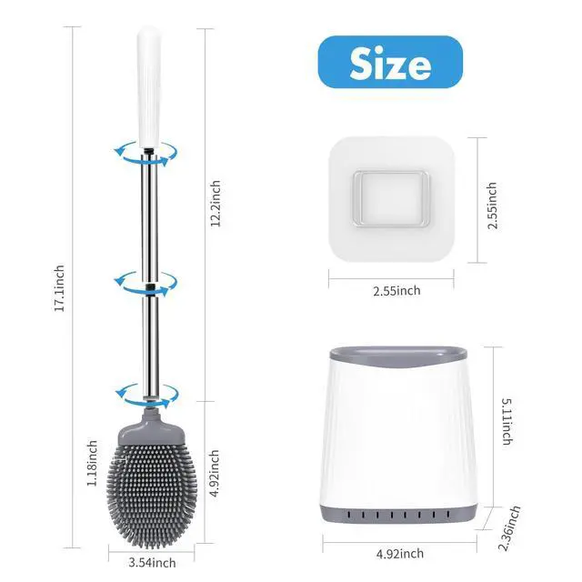 Alt view image 6 of 7 - Silicone Toilet Brush and Holder, Flexible Bowl Brush Head with Ventilated Holder, Wall Mounted Compact Set for Bathroom Cleaning