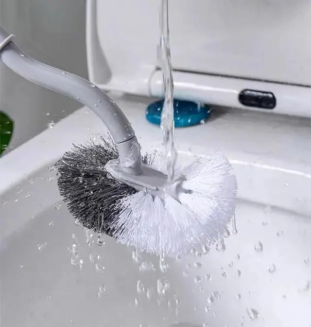 Alt view image 5 of 7 - Curved C Toilet Bowl Brush 2Pk Gray&White No Holder Bath Cleaning | Curved toilet brush cleans under rim. Comes with 2 adhesive wall hooks for space-saving storage in bathrooms.