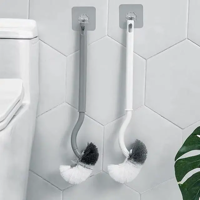 Alt view image 6 of 7 - Curved C Toilet Bowl Brush 2Pk Gray&White No Holder Bath Cleaning | Curved toilet brush cleans under rim. Comes with 2 adhesive wall hooks for space-saving storage in bathrooms.