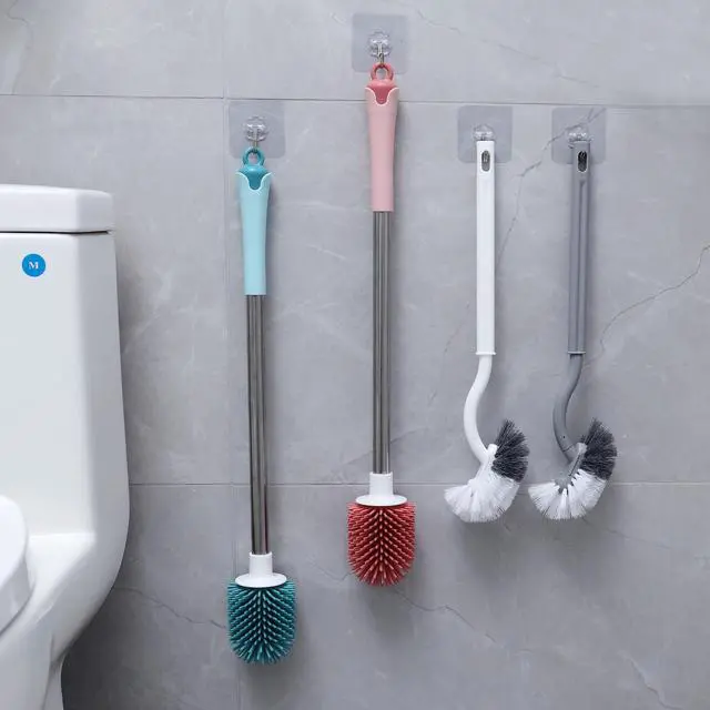Alt view image 7 of 7 - Curved C Toilet Bowl Brush 2Pk Gray&White No Holder Bath Cleaning | Curved toilet brush cleans under rim. Comes with 2 adhesive wall hooks for space-saving storage in bathrooms.