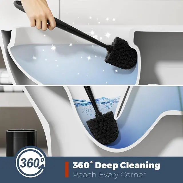 Alt view image 2 of 7 - Toilet Brush and Holder Set, Space Saving, 2 Pack, Black | Bathroom Accessories, Ergonomic Silicone Handle, Dense Bristles, Deep Cleaning, Scrubber, Compact Design