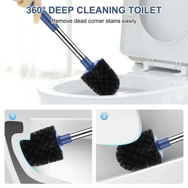 Alt view image 6 of 7 - Toilet Brush and Holder, Self Closing Lid Toilet Bowl Brushes Holder and Extra Long Handle Ventilated Toilet Brush Set for Bathroom Cleaning, Nylon Bristles, Dark & Blue