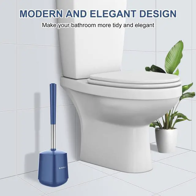 Alt view image 7 of 7 - Toilet Brush and Holder, Self Closing Lid Toilet Bowl Brushes Holder and Extra Long Handle Ventilated Toilet Brush Set for Bathroom Cleaning, Nylon Bristles, Dark & Blue