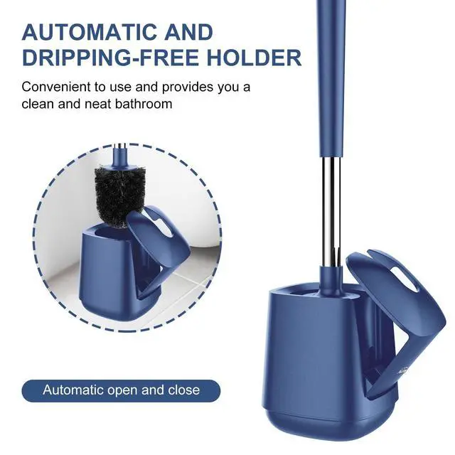 Alt view image 4 of 7 - Toilet Brush and Holder, Self Closing Lid Toilet Bowl Brushes Holder and Extra Long Handle Ventilated Toilet Brush Set for Bathroom Cleaning, Nylon Bristles, Dark & Blue