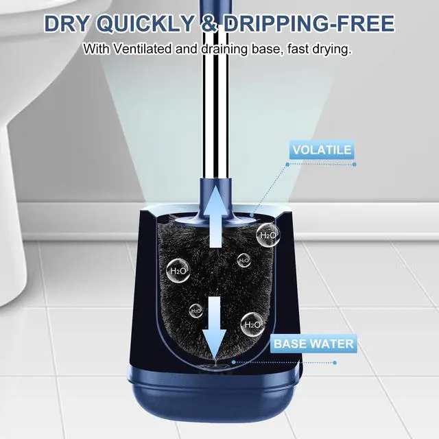 Alt view image 5 of 7 - Toilet Brush and Holder, Self Closing Lid Toilet Bowl Brushes Holder and Extra Long Handle Ventilated Toilet Brush Set for Bathroom Cleaning, Nylon Bristles, Dark & Blue