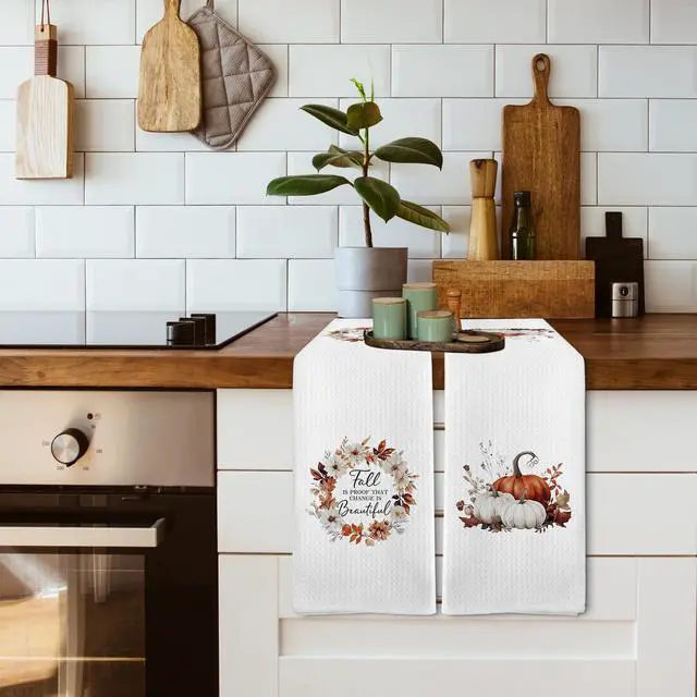 Alt view image 5 of 7 - Fall Autumn Pumpkin Kitchen Towels and Dishcloths Sets of 2, Fall Floral Decor Hand Dish Tea Towels for Bathroom Kitchen, Rustic Harvest Decor, Fall is Proof That Change is Beautiful, 16x24In
