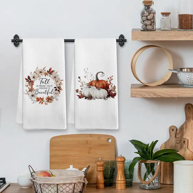 Alt view image 2 of 7 - Fall Autumn Pumpkin Kitchen Towels and Dishcloths Sets of 2, Fall Floral Decor Hand Dish Tea Towels for Bathroom Kitchen, Rustic Harvest Decor, Fall is Proof That Change is Beautiful, 16x24In