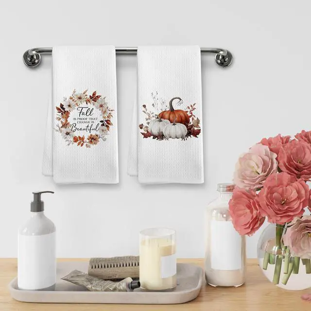 Alt view image 4 of 7 - Fall Autumn Pumpkin Kitchen Towels and Dishcloths Sets of 2, Fall Floral Decor Hand Dish Tea Towels for Bathroom Kitchen, Rustic Harvest Decor, Fall is Proof That Change is Beautiful, 16x24In