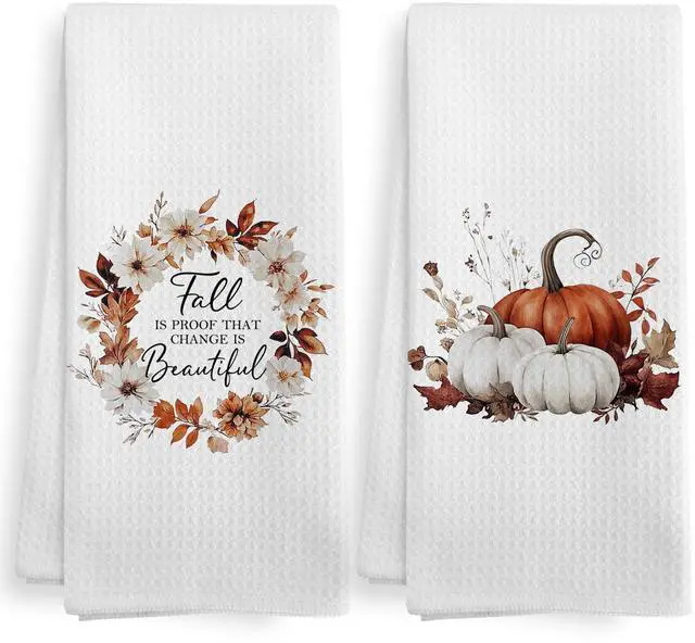 Main image of Fall Autumn Pumpkin Kitchen Towels and Dishcloths Sets of 2, Fall Floral Decor Hand Dish Tea Towels for Bathroom Kitchen, Rustic Harvest Decor, Fall is Proof That Change is Beautiful, 16x24In