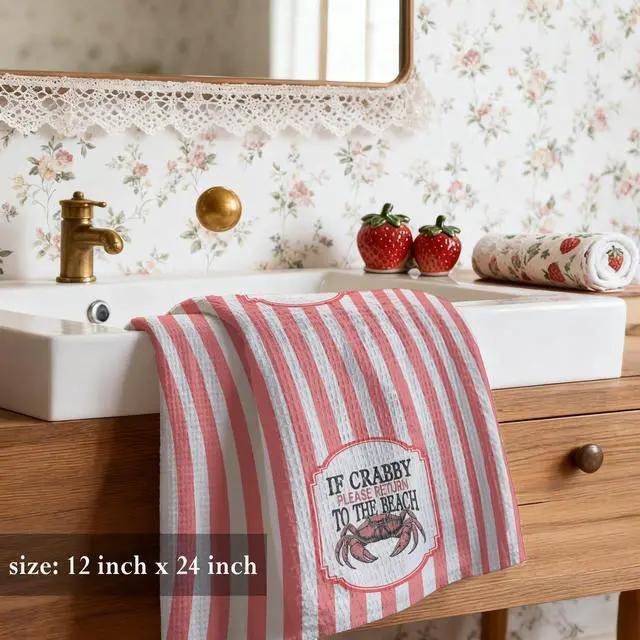Alt view image 3 of 6 - Coastal Beach Crab Pink Porcelain Kitchen Towels 16x24 Inch, Beach Lover Gifts Dish Tea Towels for Kitchen Decor, Trendy Coastal Decorative Hand Towel for Bathroom