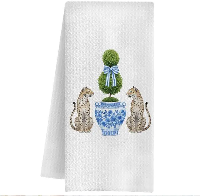 Main image of Blue and White Chinoiserie Topiary Tree Leopard Kitchen Towels, Grandmillennial Cheetah Dish Tea Towels for Kitchen, Trimmed Tree Cheetahs Decorative Hand Towel for Bathroom, 16x24 Inch