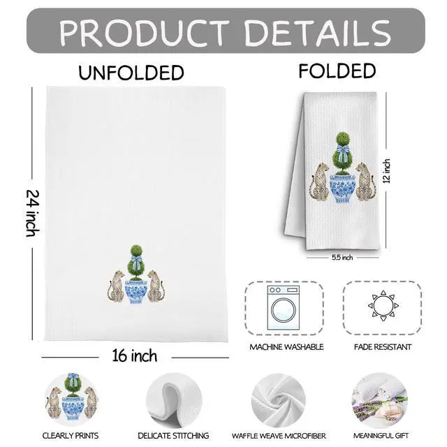 Alt view image 6 of 6 - Blue and White Chinoiserie Topiary Tree Leopard Kitchen Towels, Grandmillennial Cheetah Dish Tea Towels for Kitchen, Trimmed Tree Cheetahs Decorative Hand Towel for Bathroom, 16x24 Inch