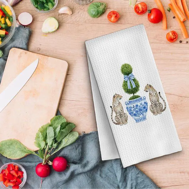 Alt view image 5 of 6 - Blue and White Chinoiserie Topiary Tree Leopard Kitchen Towels, Grandmillennial Cheetah Dish Tea Towels for Kitchen, Trimmed Tree Cheetahs Decorative Hand Towel for Bathroom, 16x24 Inch