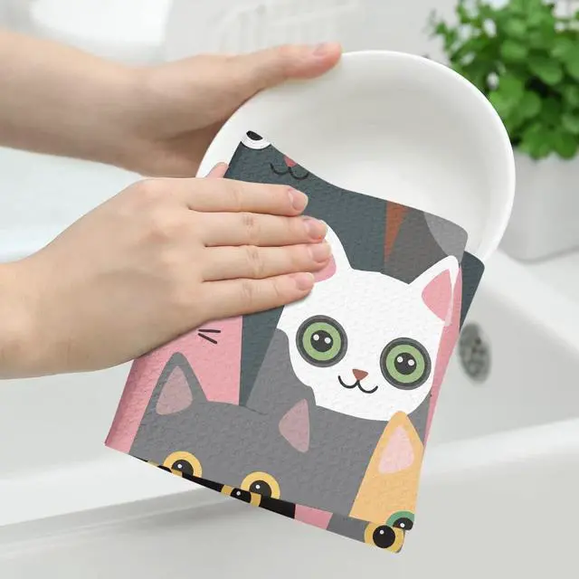 Alt view image 2 of 4 - Cartoon Cat Kitchen Towels, Cat Lover Gifts Dish Towels for Kitchen, Highly Absorbent Hand Towel Tea Towel, 16 x 25 Inch Drying Housewarming Gifts for Women Bestie Mom