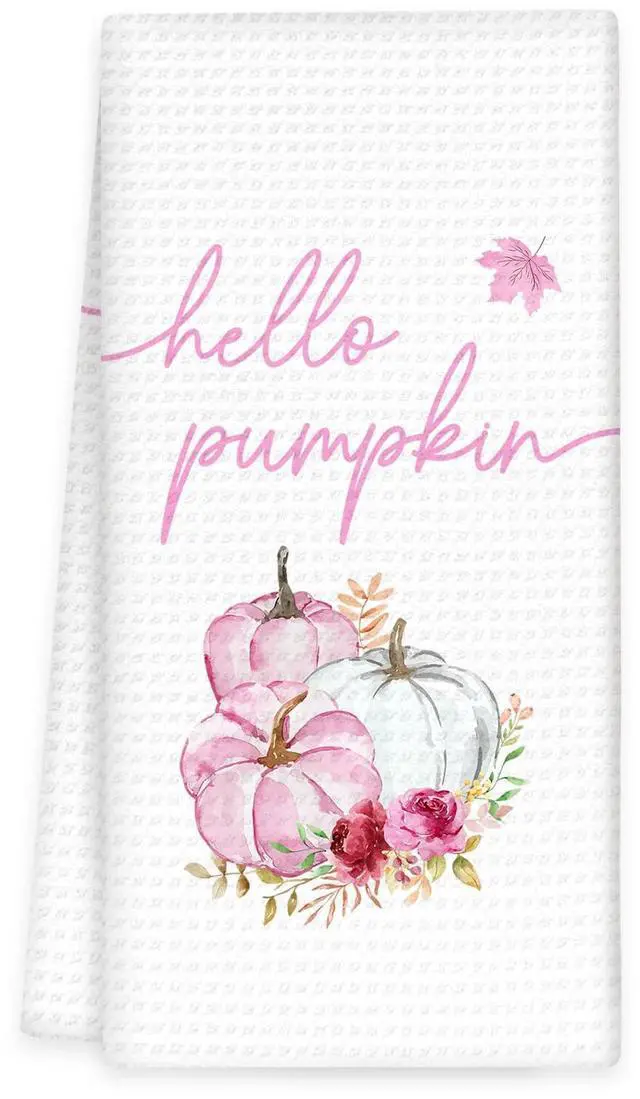 Main image of Fall Pink Pumpkin Kitchen Towels, Fall Pumpkins Hand Towels, Pink Hello Pumpkin Dish Tea Towel for Kitchen Decorative, Autumn Pumpkins Thanksgiving Gifts Bathroom Kitchens Decor, 16x24In