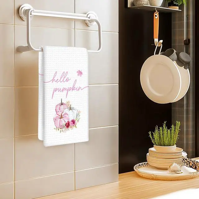 Alt view image 2 of 7 - Fall Pink Pumpkin Kitchen Towels, Fall Pumpkins Hand Towels, Pink Hello Pumpkin Dish Tea Towel for Kitchen Decorative, Autumn Pumpkins Thanksgiving Gifts Bathroom Kitchens Decor, 16x24In