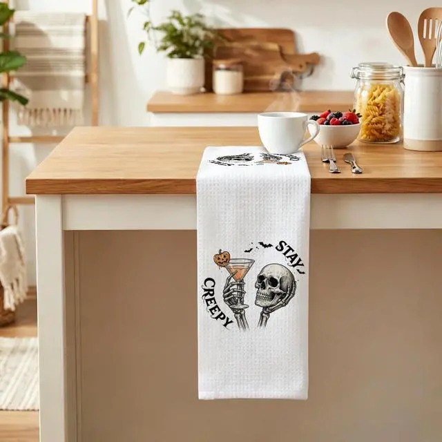 Alt view image 6 of 6 - Funny Gothic Martini Kitchen Dish Towels 16x24 Inch | Funny Skeleton Halloween Pumpkin Drink Decorative Hand Towels for Kitchen Bar Cart,Cocktail Lover Gifts