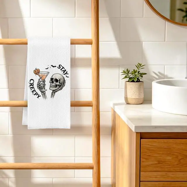 Alt view image 5 of 6 - Funny Gothic Martini Kitchen Dish Towels 16x24 Inch | Funny Skeleton Halloween Pumpkin Drink Decorative Hand Towels for Kitchen Bar Cart,Cocktail Lover Gifts