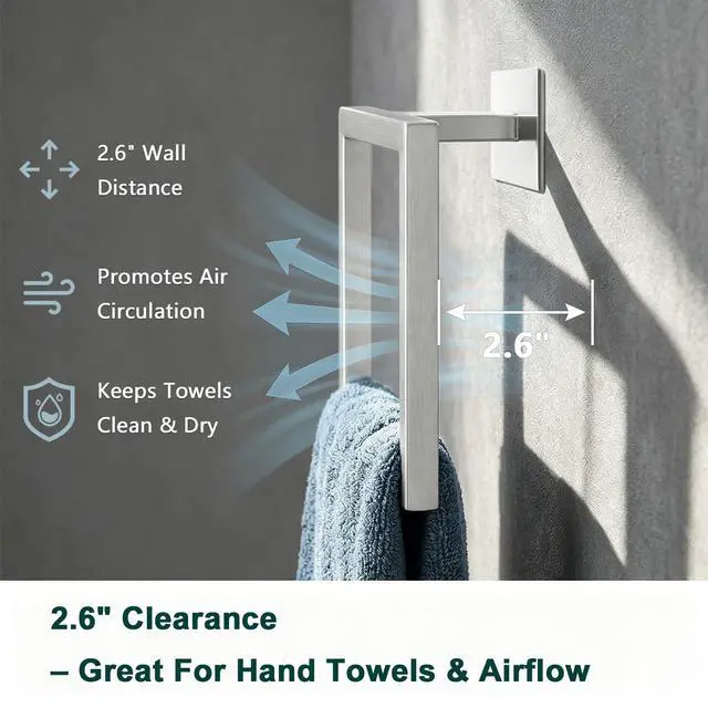 Alt view image 4 of 7 - Bath Towel Ring, Square SUS304 Stainless Steel Hand Towel Holder for Bathroom, Modern Towel Hanger for Bath, Kitchen, 4-Inch Adhesive Base, Brushed Nickel