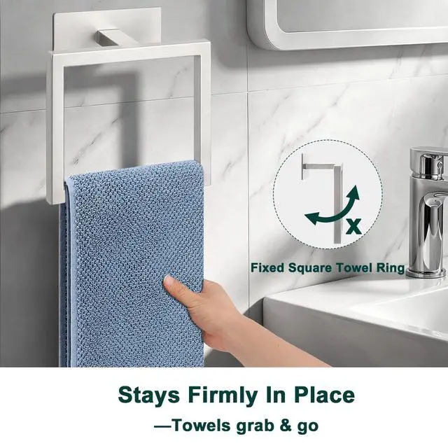 Alt view image 5 of 7 - Bath Towel Ring, Square SUS304 Stainless Steel Hand Towel Holder for Bathroom, Modern Towel Hanger for Bath, Kitchen, 4-Inch Adhesive Base, Brushed Nickel