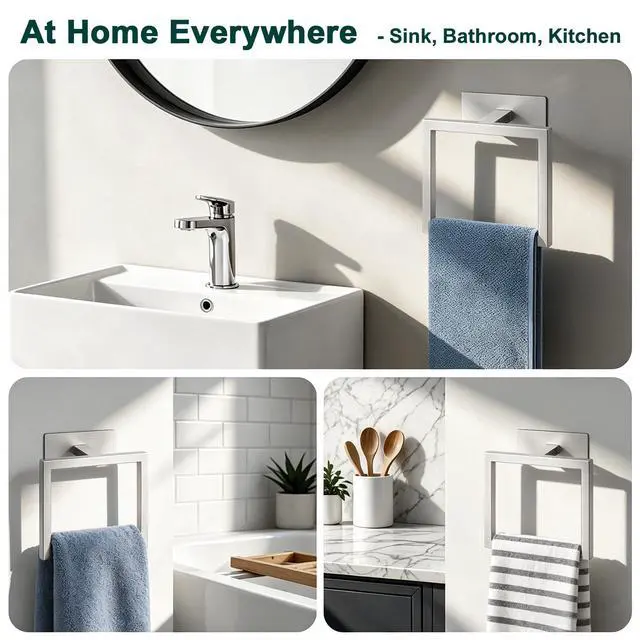 Alt view image 6 of 7 - Bath Towel Ring, Square SUS304 Stainless Steel Hand Towel Holder for Bathroom, Modern Towel Hanger for Bath, Kitchen, 4-Inch Adhesive Base, Brushed Nickel