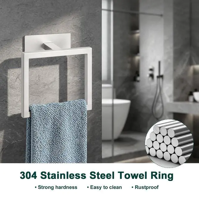 Alt view image 7 of 7 - Bath Towel Ring, Square SUS304 Stainless Steel Hand Towel Holder for Bathroom, Modern Towel Hanger for Bath, Kitchen, 4-Inch Adhesive Base, Brushed Nickel