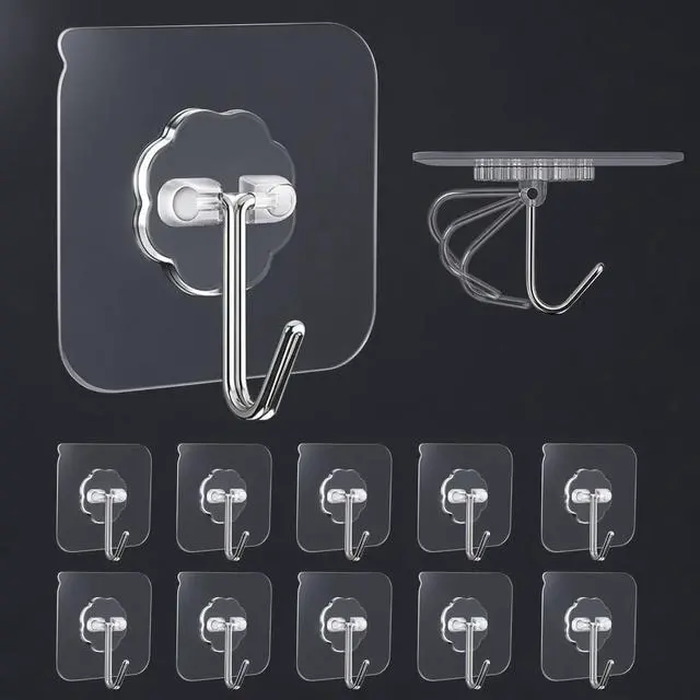 Main image of 10 Pack Adhesive Wall Hooks for Hanging Heavy Duty Towel Coat Hooks Waterproof Transparent Hook for Bathroom Shower Kitchen Keys Door Outdoor Home Improvement Utility Hook