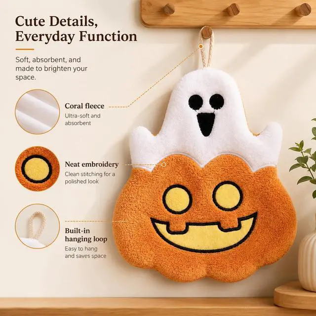 Alt view image 4 of 7 - Halloween Hand Towel, Hanging Pumpkin Coral Fleece Kitchen Towel for Bath (Ghost Pumpkin)