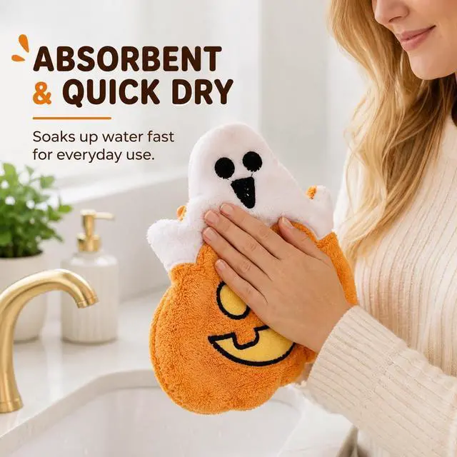 Alt view image 5 of 7 - Halloween Hand Towel, Hanging Pumpkin Coral Fleece Kitchen Towel for Bath (Ghost Pumpkin)