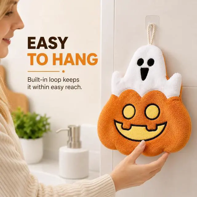 Alt view image 6 of 7 - Halloween Hand Towel, Hanging Pumpkin Coral Fleece Kitchen Towel for Bath (Ghost Pumpkin)