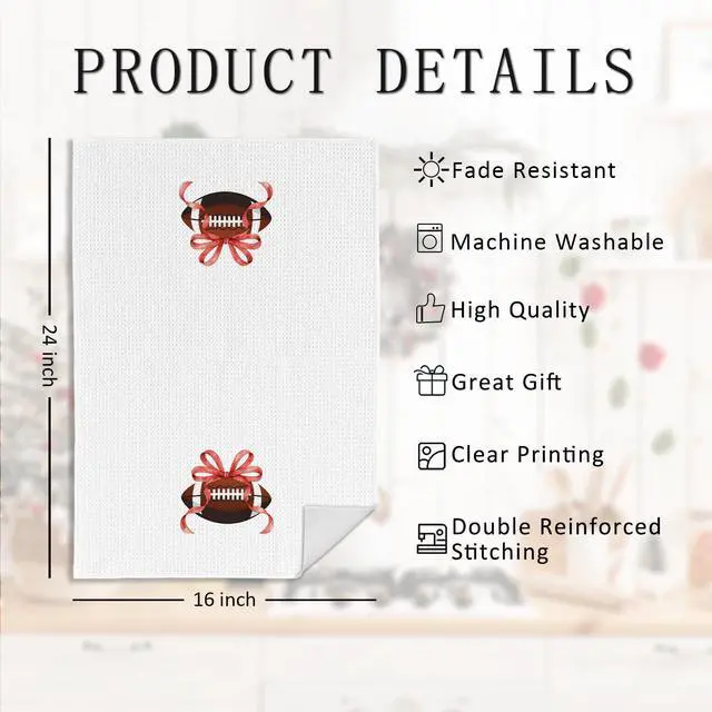 Alt view image 7 of 7 - Coquette Red Ribbon Bow Football Rugby Kitchen Towels, Gifts for Football Lovers Coach Fans Decorative Hand Tea Towels for Bathroom, Sport Lover Gifts Dish Towel Dishcloth, 16x24 Inch