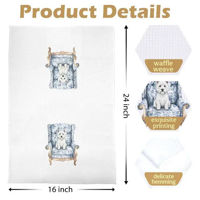 Alt view image 5 of 5 - Westie Gifts Kitchen Towels - Grandmillennial Kitchen Decor, Chinoiserie Decorative Waffle Dish Towels, Hostess Gifts Hand Towels, Dog Tea Towel, 16x24 Inch