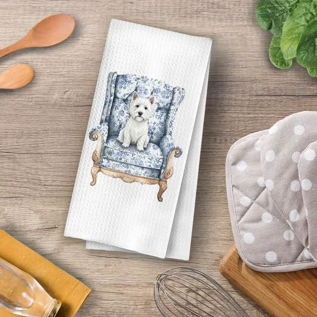 Alt view image 4 of 5 - Westie Gifts Kitchen Towels - Grandmillennial Kitchen Decor, Chinoiserie Decorative Waffle Dish Towels, Hostess Gifts Hand Towels, Dog Tea Towel, 16x24 Inch
