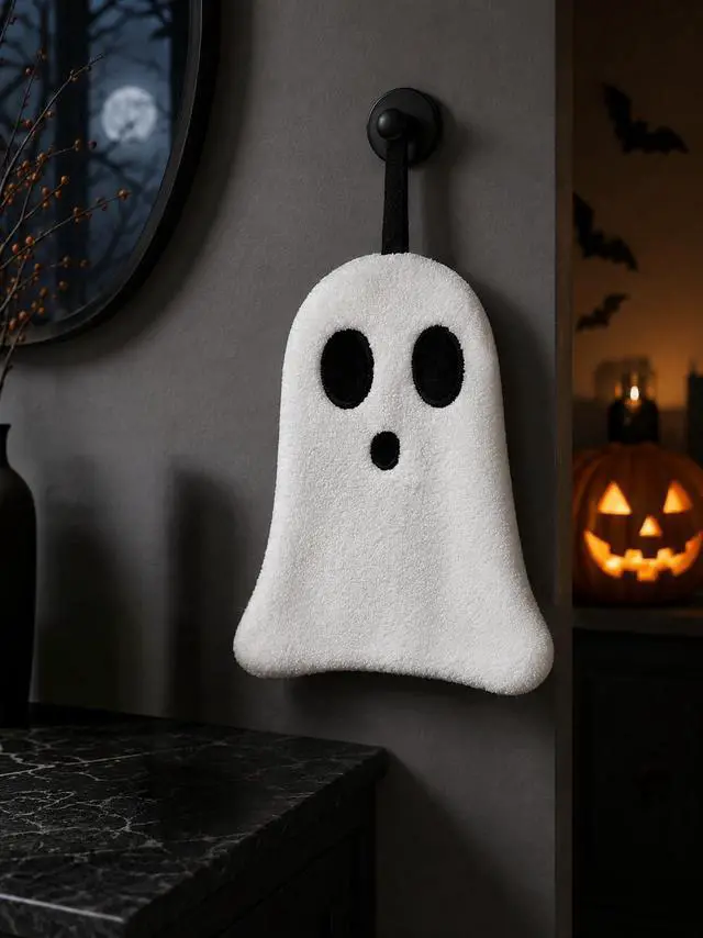 Main image of 1 Pack Halloween Ghost Towel, Plush Hanging Hand Towel, Spooky Decorative Towel for Kitchen Bathroom Home Decor