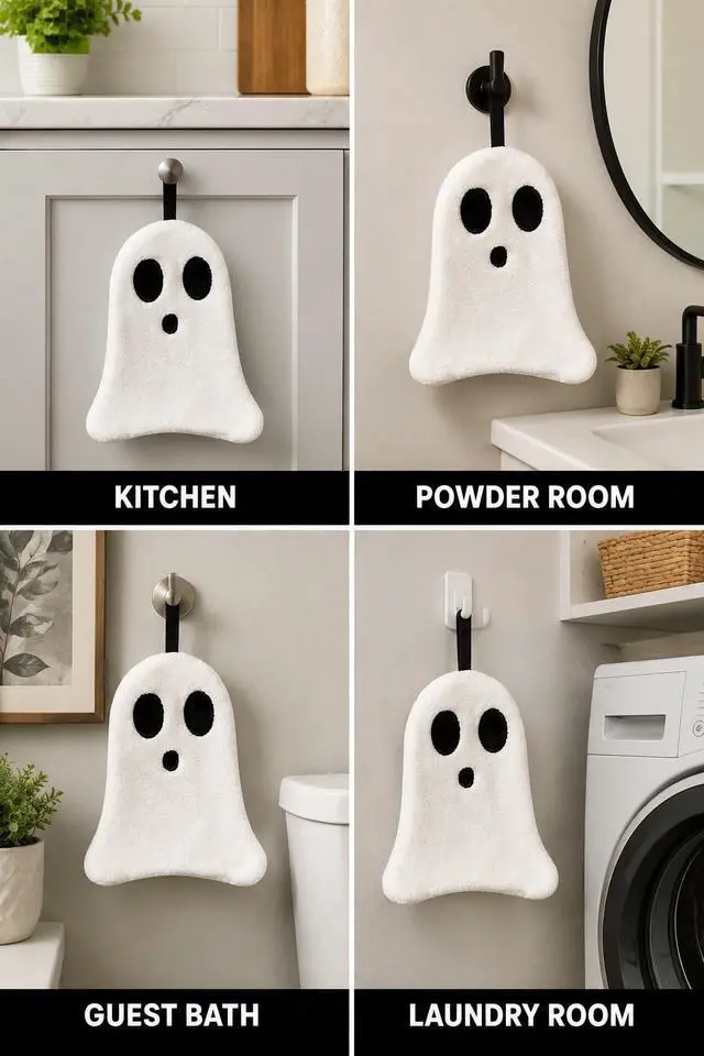 Alt view image 5 of 5 - 1 Pack Halloween Ghost Towel, Plush Hanging Hand Towel, Spooky Decorative Towel for Kitchen Bathroom Home Decor