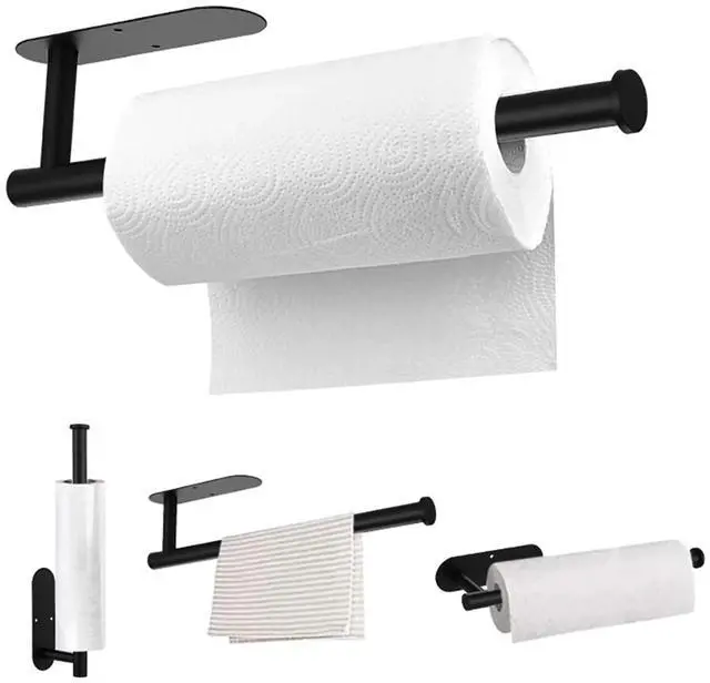 Alt view image 2 of 6 - Paper Towel Holder, Cabinet Paper Towel Holder Under Cabinet Wall Mount, Stainless Steel Self-Adhesive Hanging Paper Towel Holder, Suitable for Kitchens, Living Rooms or Office Spaces(Black, 1PC)