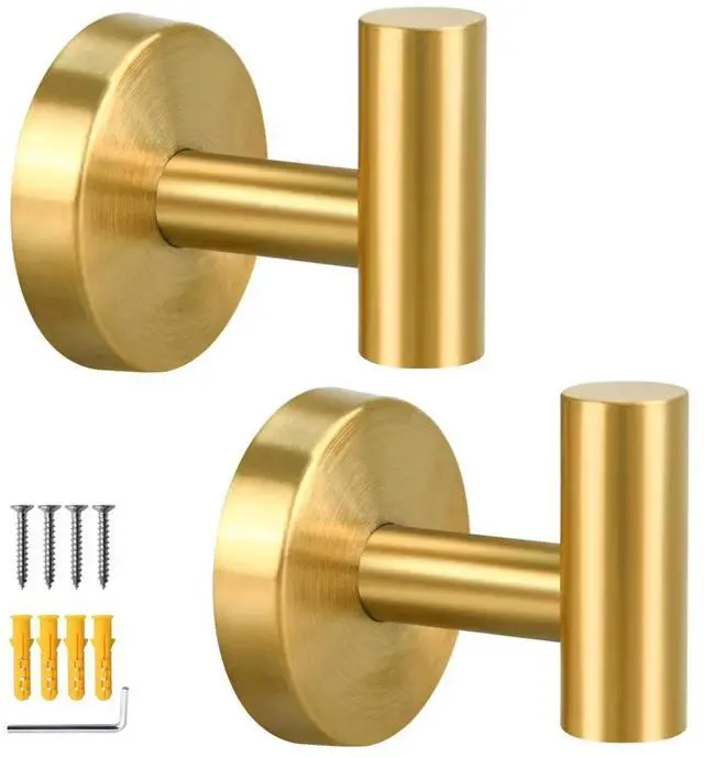 Main image of 2 Pack Brushed Golden Towel Hooks, SUS304 Stainless Steel Bathroom Hooks | for Bedroom Kitchen Hotel Office